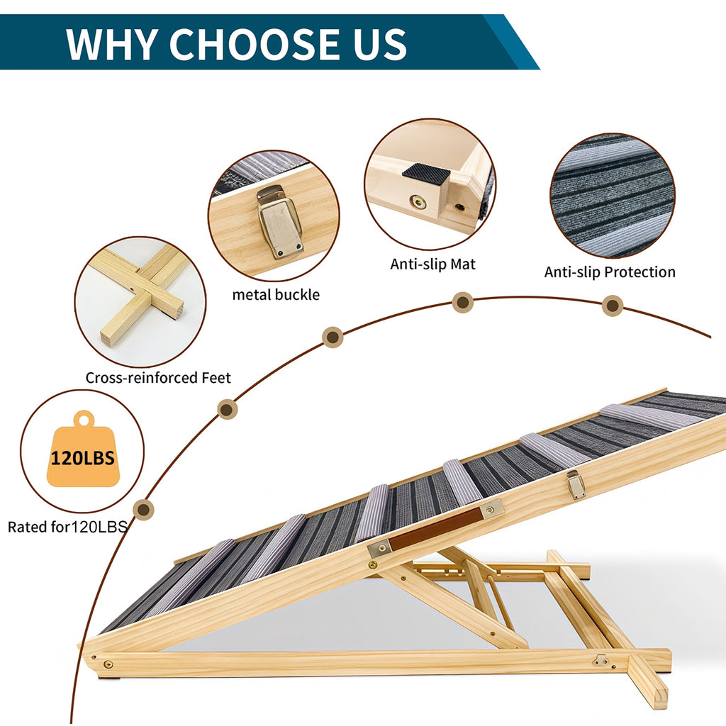 Adjustable Dog Ramp for Couch with Non-Slip Pads - Solid Wood